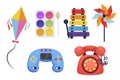 Illustration of children\'s toys, children\'s objects, games for children, bright illustrations